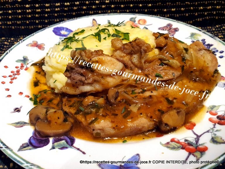Tendrons de veau à l’estragon mijotés en cocotte, champignons et purée